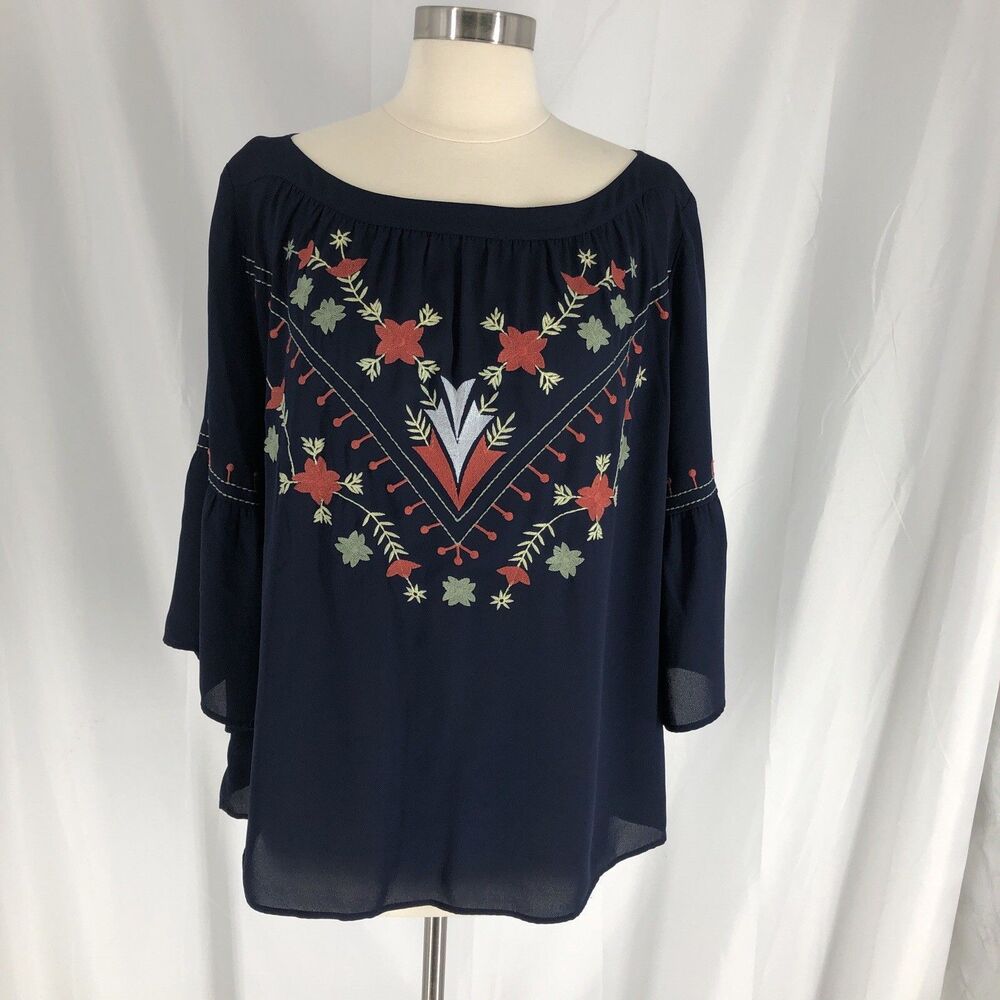 LOFT Navy Poplin Blouse Size XL Floral Embroidered